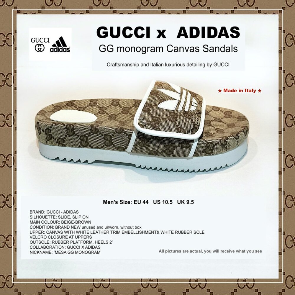 GUCCI. Gucci x Adidas GG monogram Canvas Slides Sandals